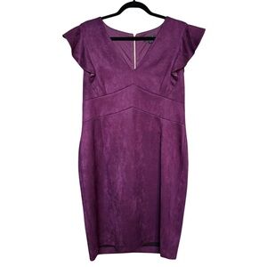 DKNY aubergine ruffle cap sleeve‎ v-neck faux suede sheath dress size 16